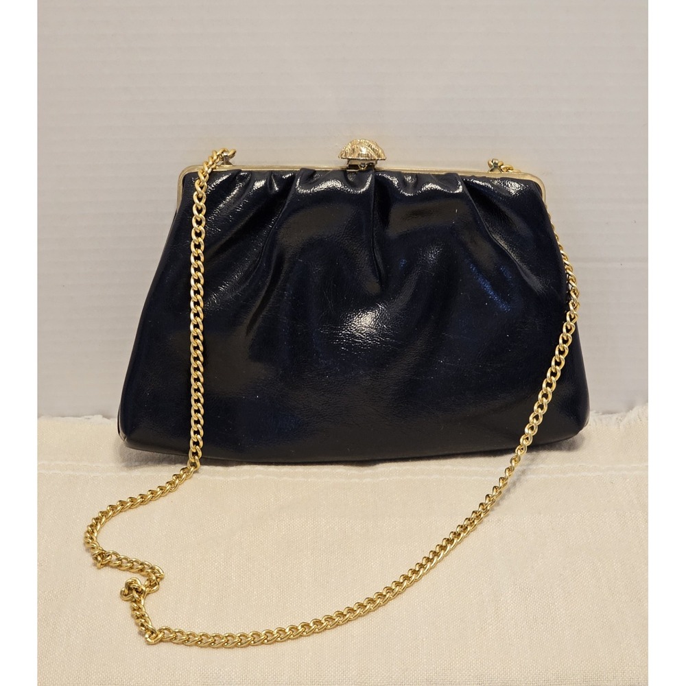 Vintage Navy Blue Convertible Clutch Shoulder Bag Gold Tone Chain Strap And...